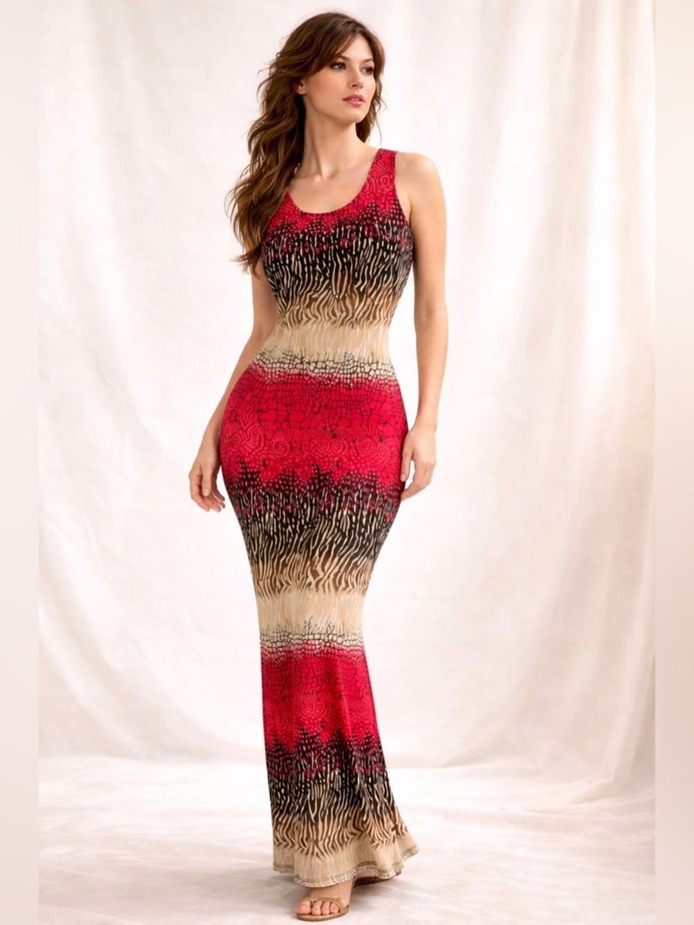 Vintage Animal Print Maxi Dress Mandala Stretch Statement Bali S